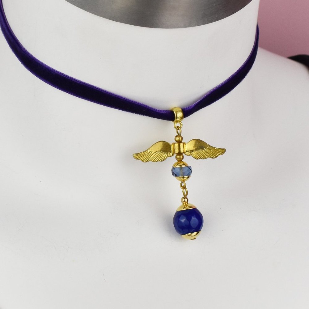 Gold wings charm choker, purple velvet choker necklace